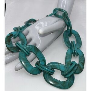 Bocar Necklace Faux Turquoise Chunky‎ Oval Chain Link Marbleized 16" Hippie 70s